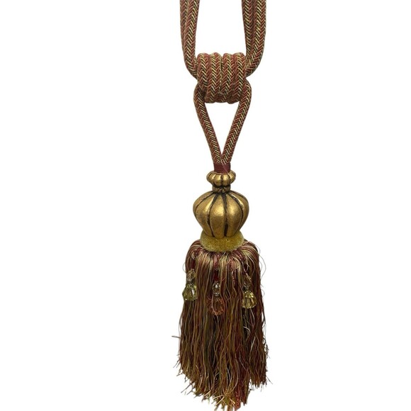 Vintage 1 Tie-back Tassel Golden Crown Finial Multicolor Threads 16” Large - Picture 3 of 5
